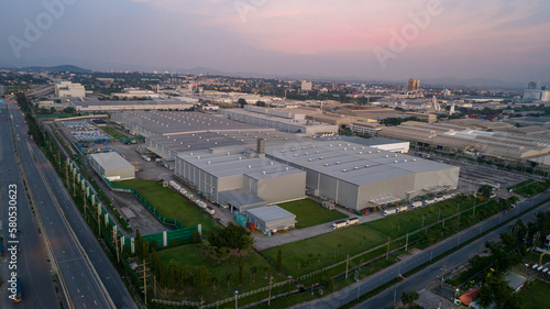Canvas Print Top view Solar Panels on Warehouse Factory