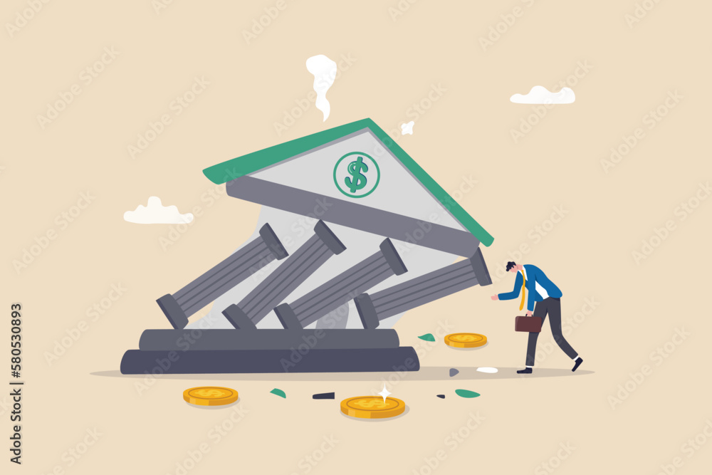 Banking collapse or bank run, financial crisis or bankruptcy problem, stock market crash or credit risk, failure or investment failure concept, frustrated businessman look at collapsing bank building. - obrazy, fototapety, plakaty 