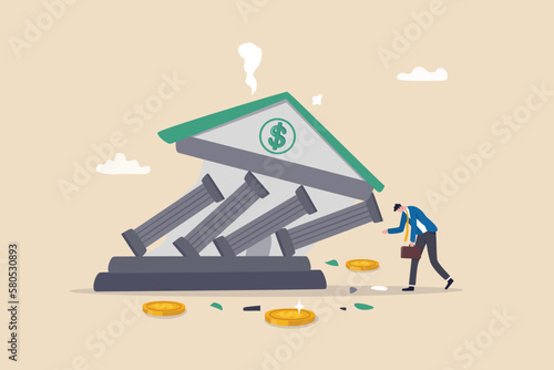 Fényképezés Banking collapse or bank run, financial crisis or bankruptcy problem, stock market crash or credit risk, failure or investment failure concept, frustrated businessman look at collapsing bank building