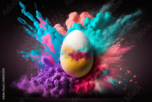 Easter egg close-up on a black background, created with Generative AI illustration. Explosion of multicolored powder paint.