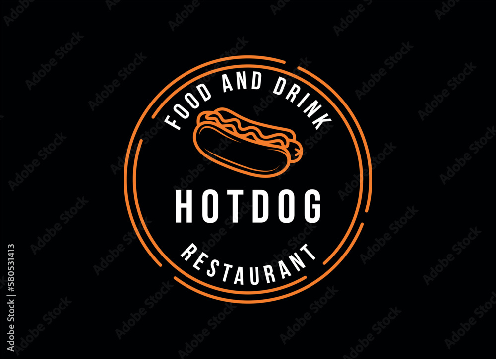 Fototapeta premium Vintage Hotdog Logo Vector. Fast food hotdog Illustration for street food.