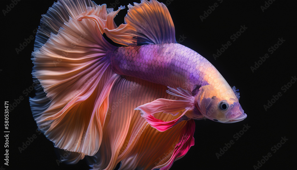 Fototapeta premium 8k, realistic photo, high detailed, macro view, beautiful betta fish underwater photography isolated on black background. Generative ai