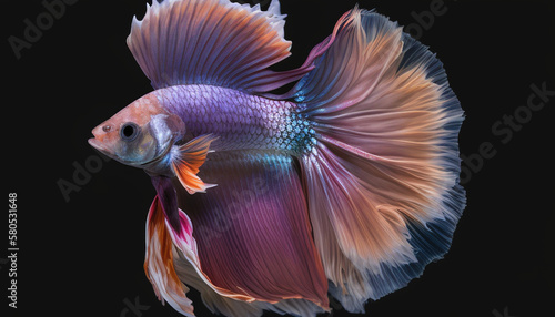 8k, realistic photo, high detailed, macro view, beautiful betta fish underwater photography isolated on black background. Generative ai