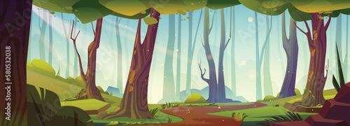 Footpath in summer forest on sunny day. Vector cartoon illustration of woodland with green trees, bushes, grass, sun shining and shimmering bright. Beautiful nature landscape. Travel game background