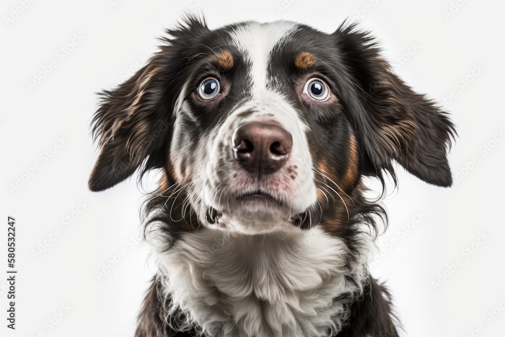 Beautiful dog breed photo portrait on white background. studios. Cute pet selective focus. Pet Lover concept . Pets indoors. Animals and pet care concept. Look at it from the front. Generative AI