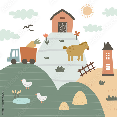 Cute cartoon farm landscape . Vector colorful illustration for kids, flat style. hand drawing. Baby design for cards, print, posters