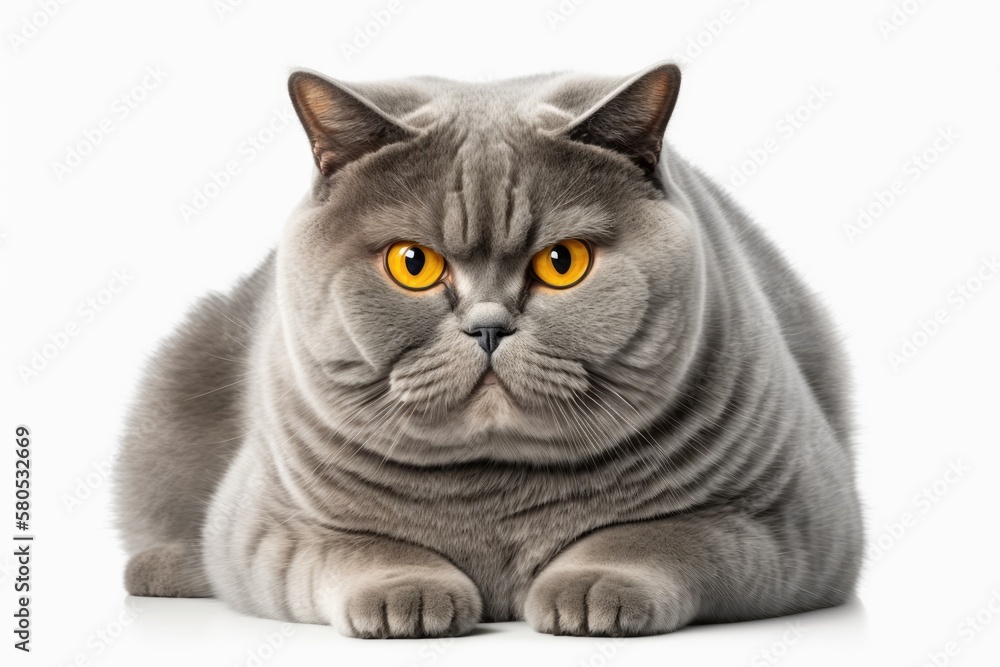 On a white background, there is a fat shorthair cat with big red eyes. Animals are too fat. Cat from Britain on white background. A big British breed cat sits and looks surprised. Generative AI