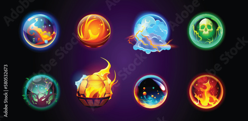 Isolated magic prophecy sphere vector icon. Glow crystal energy orb ball for fantasy game object. Circle light globe magician element for prediction set. Shiny fireball with flame illustration.