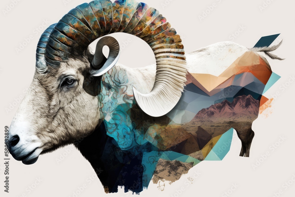 Collage with abstract art. Clip art of a bighorn sheep with a human