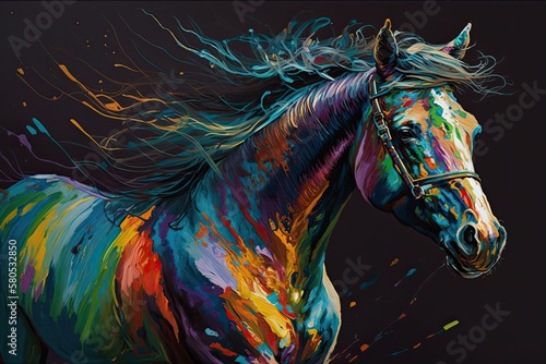 Oil painting of a horse in many different colors. A horse in a conceptual, abstract painting. Generative AI