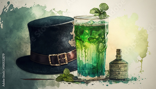  St.Patrick's day celebration background. Leprechaun green hat and green beer Generative ai