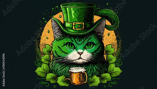 St. Patrick s Day celebration background. Leprechaun cat in the green hat with beer pint Generative ai
