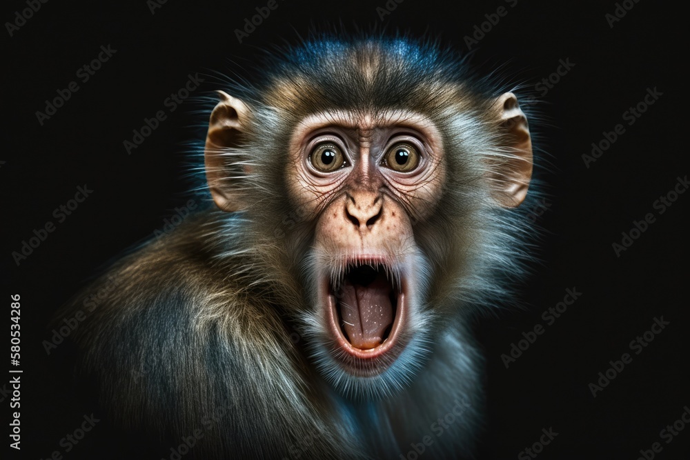 Close up Portrait of Funny Long tailed macaque or Crab eating Monkey ape Sticking Out Tongue on Isolated Black Background. Generative AI Close up Portrait of Funny Long tailed macaque or Crab eating Monkey ape Sticking Out Tongue on Isolated Black Background. Generative AI