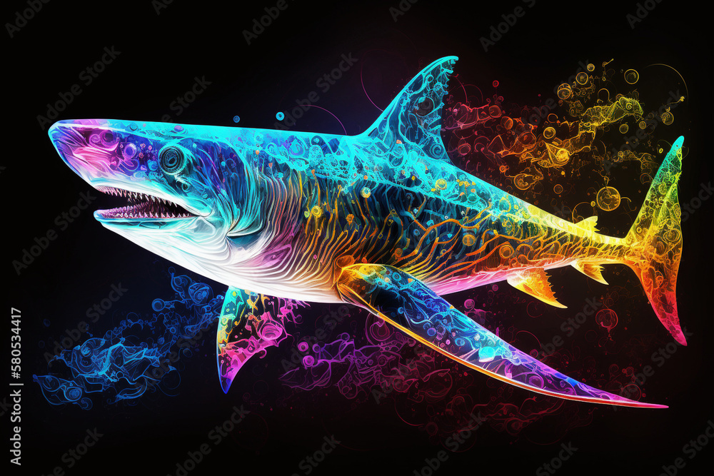 Neon, magic, acid, futuristic, space shark illustration Neon, magic, acid, futuristic, space shark illustration