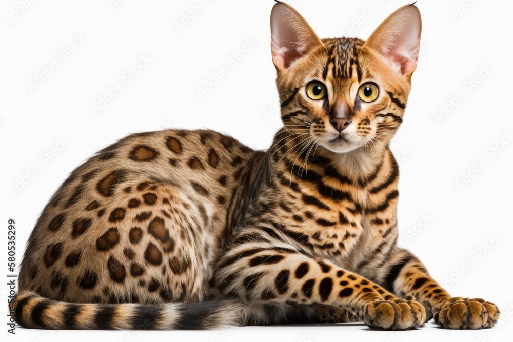 Bengal cat sitting on a white background at full size. Generative AI