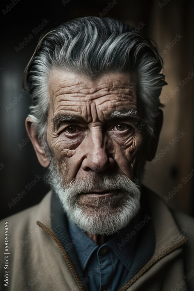 elderly gentleman with wrinkles on face, gray hair and white beard, pension