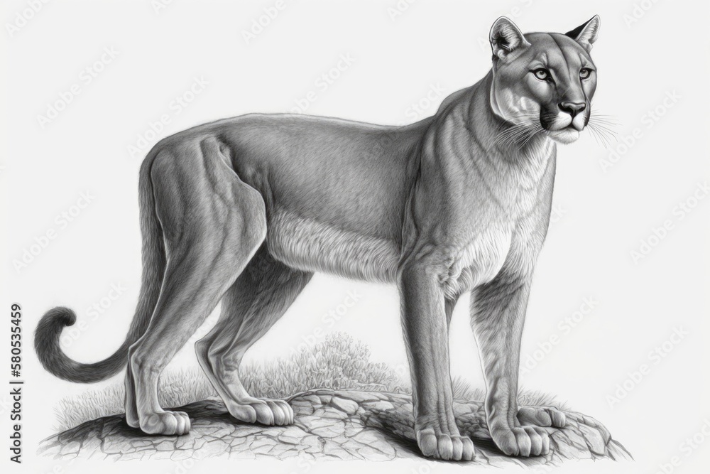 Realistic drawing of a Puma concolor couguar, illustration for Encyclopedia  of Extinct Animals, black book, image on white background. Generative AI  Stock Illustration | Adobe Stock