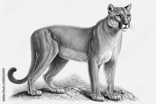 Realistic drawing of a Puma concolor couguar, illustration for Encyclopedia of Extinct Animals, black book, image on white background. Generative AI photo