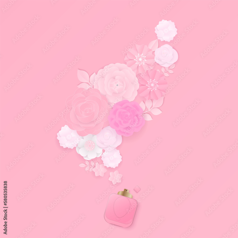 Paper flowers set with perfume on pink background