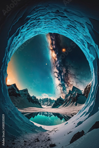tunnel view into an icy landscape, small lake, big mountains, the sky is shining, snow