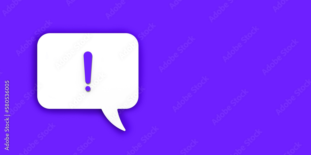 Blue exclamation mark on a white message board. Alarm signal in the phone. Danger alert. Message on a blue background. Horizontal image. Banner for insertion into site. 3D image. 3D rendering. Blue exclamation mark on a white message board. Alarm signal in the phone. Danger alert. Message on a blue background. Horizontal image. Banner for insertion into site. 3D image. 3D rendering.