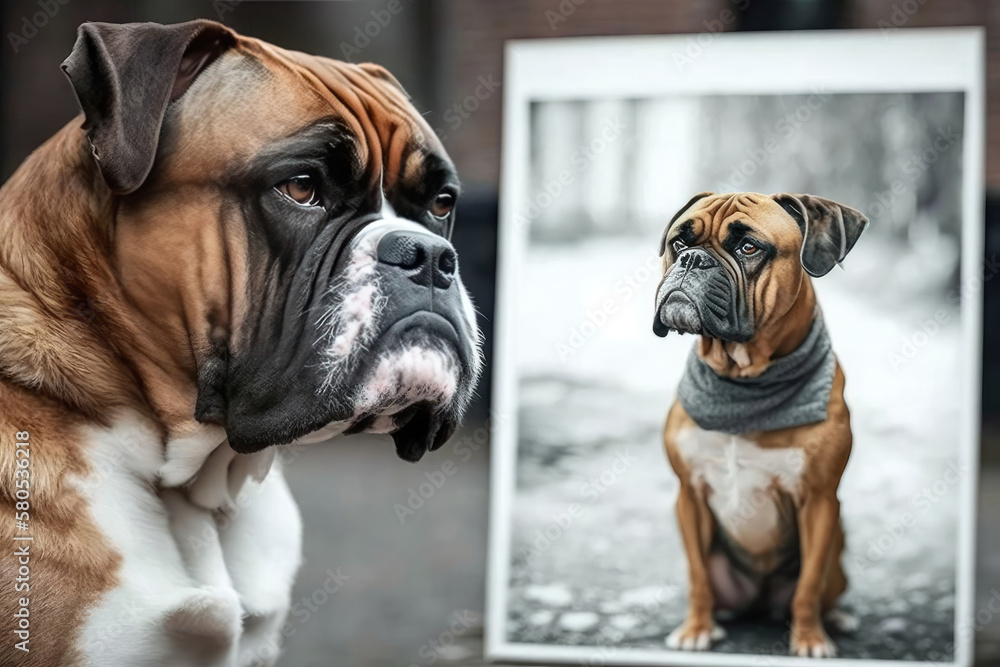 brown boxer dog, wrinkled face, next to it a photograph of the dog