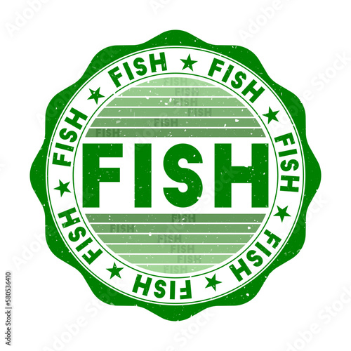 Fish badge. Grunge word round stamp with texture in Hulk color theme. Vintage style geometric fish seal with gradient stripes. Astonishing vector illustration.