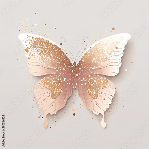 Beautiful soft blush and gold water butterfly illustration, glitter white background photo