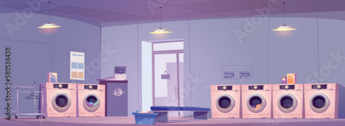 Public laundry room interior design. Vector cartoon illustration of laundromat with row of washing and drying machines, detergent powder boxes, cash register, empty rack and bench. Cleaning services