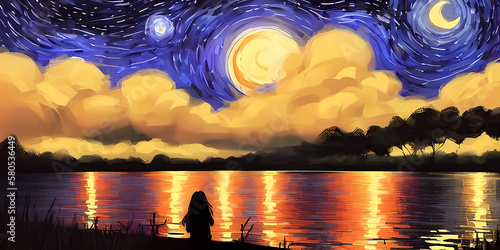 starry night at the lake, impresionist style illustration