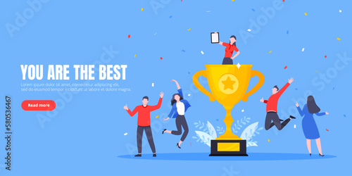 Employee recognition or proud workers of the month business concept flat style design vector illustration. Young adult people jump in the air near trophy cup.