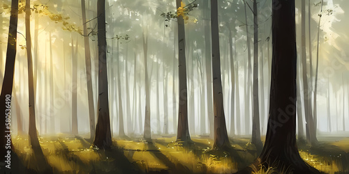 sunrise in the forest, misty landscape