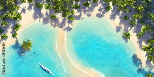 aerial view beach with palm trees, illustration 