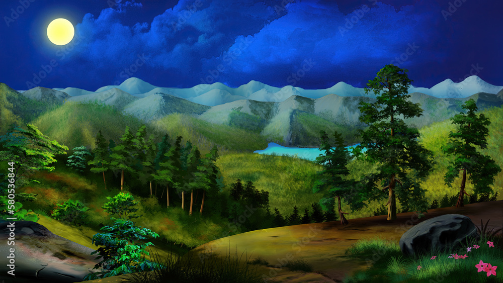 Moonlit summer night in nature illustration