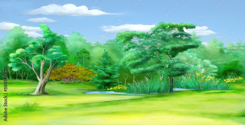 Small pond in a forest clearing illustration