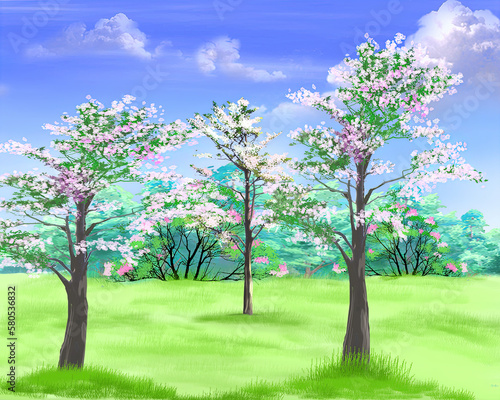 Blooming fruit trees in the garden illustration