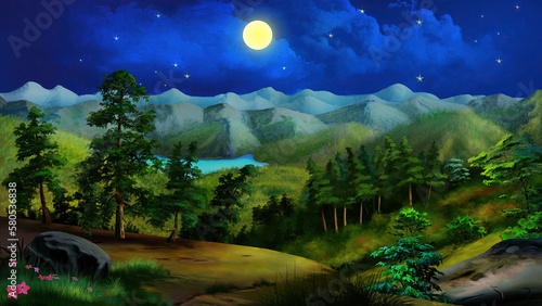 Lake in the forest at night illustration