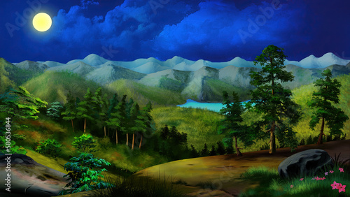Moonlit summer night in nature illustration