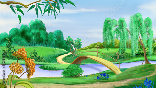 Wooden bridge across the river illustration