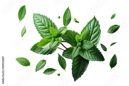 Fresh green organic mint leaves, transparent image without background, isolated, created with Generative AI © Nacci
