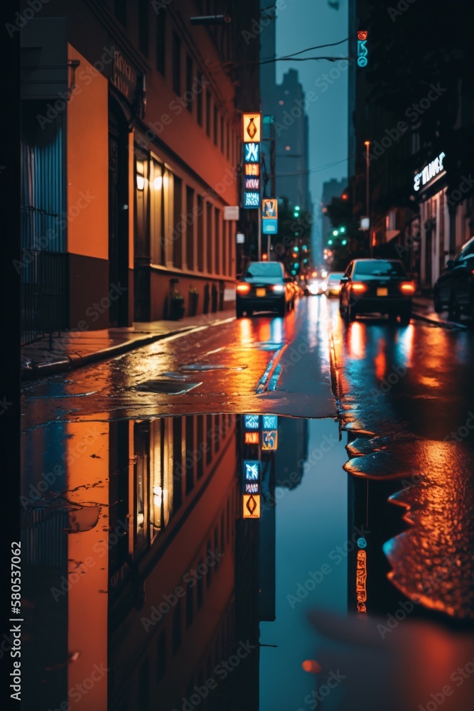 Une rue de ville, la nuit, illustration urbaine avec des néons et des lumières nocturnes, IA générative