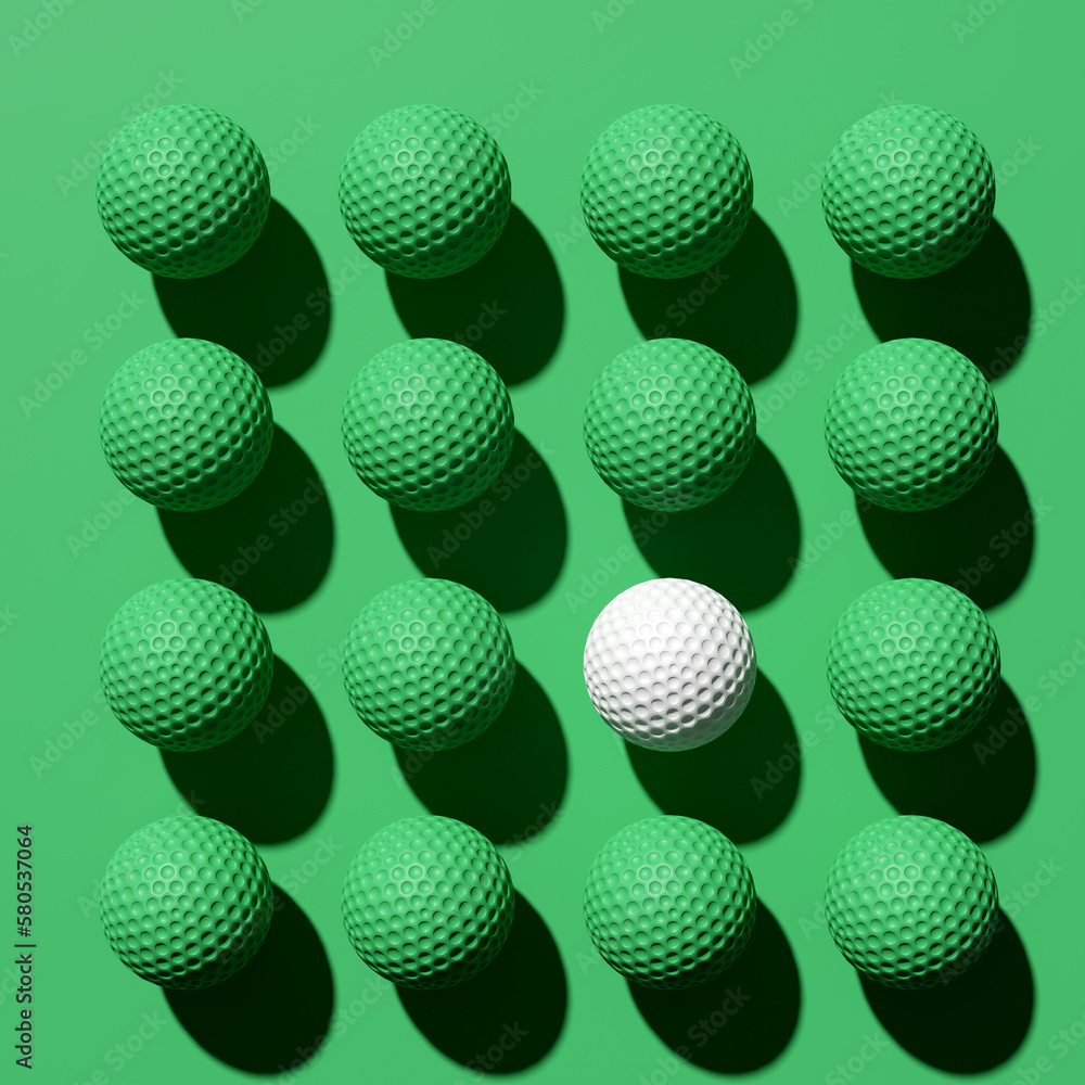 White golf ball standing out from the crowd among green golf balls. Golf balls in a row. White golf ball standing out from the crowd among green golf balls. Golf balls in a row.