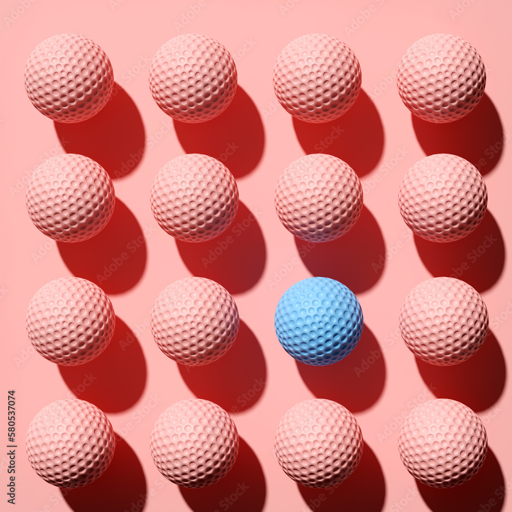 Blue golf ball standing out from the crowd among pink golf balls. Golf balls in a row. Blue golf ball standing out from the crowd among pink golf balls. Golf balls in a row.