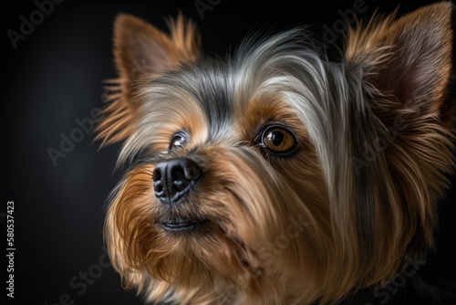 Portrait of a Yorkshire Terrier up close. Cute little brown haired dog, puppy, or doggy with a close up shot of its face looking far away. Wallpaper and background with a dog theme. Animal from home