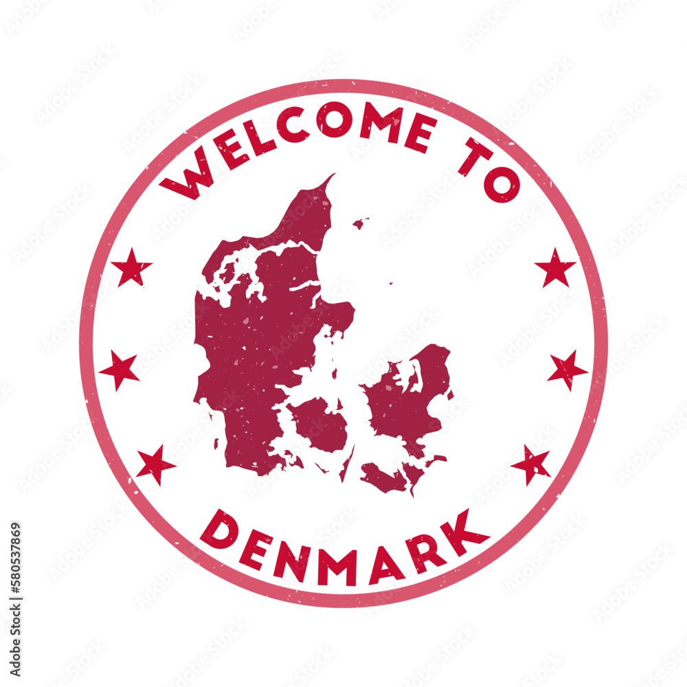 Welcome to Denmark stamp. Grunge country round stamp with texture in red tape color theme. Vintage style geometric Denmark seal. Trendy vector illustration. Welcome to Denmark stamp. Grunge country round stamp with texture in red tape color theme. Vintage style geometric Denmark seal. Trendy vector illustration.