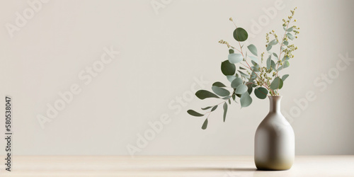 Beautiful eucalyptus flower in ceramic vase on table with white background. Copy space. Generative AI photo