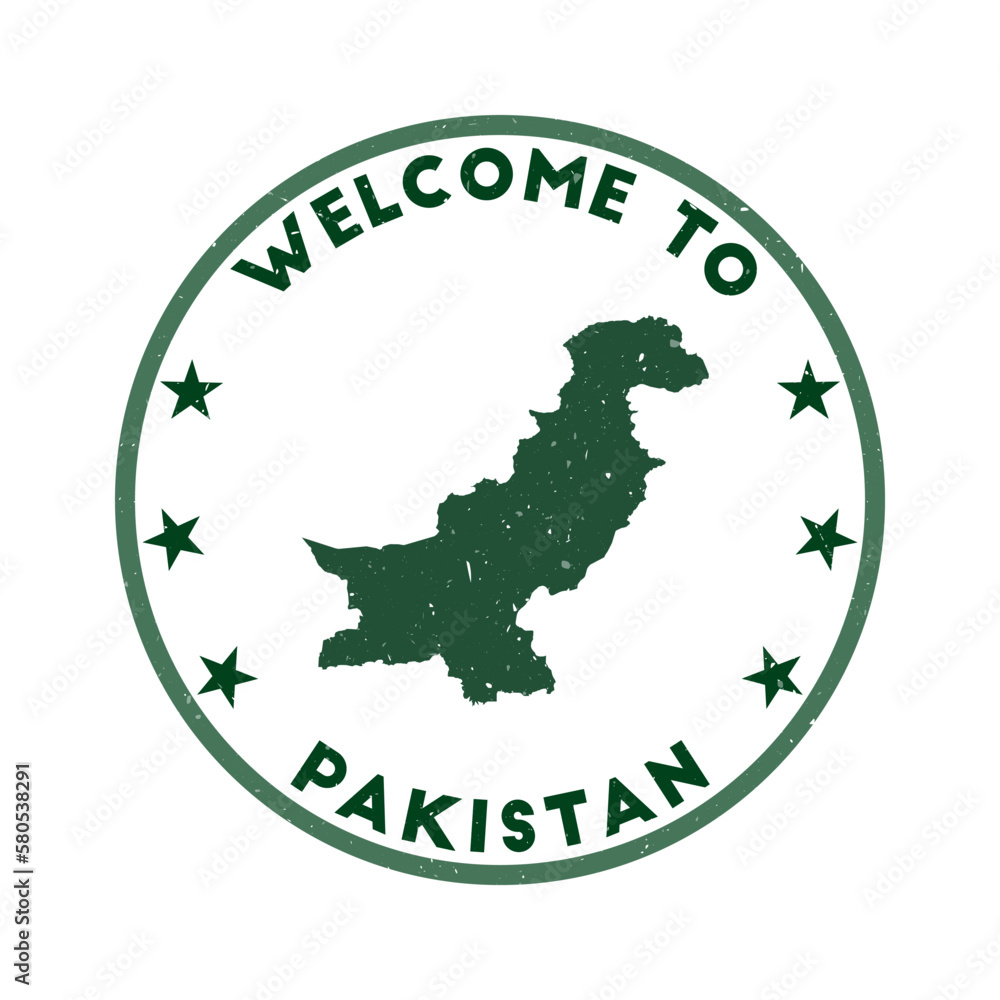 Welcome to Pakistan stamp. Grunge country round stamp with texture in Deep Pond color theme. Vintage style geometric Pakistan seal. Cool vector illustration.