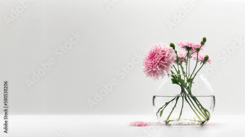 Fototapeta Naklejka Na Ścianę i Meble -  Pink blossom flower in glass vase on table with white background. Copy space. Generative AI