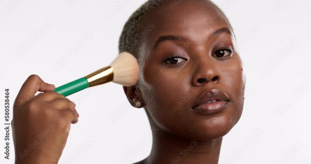 Beauty, makeup and brush with face of black woman for foundation, blush ...