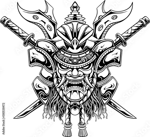 line art of  yasuke  with japanese samurai mask